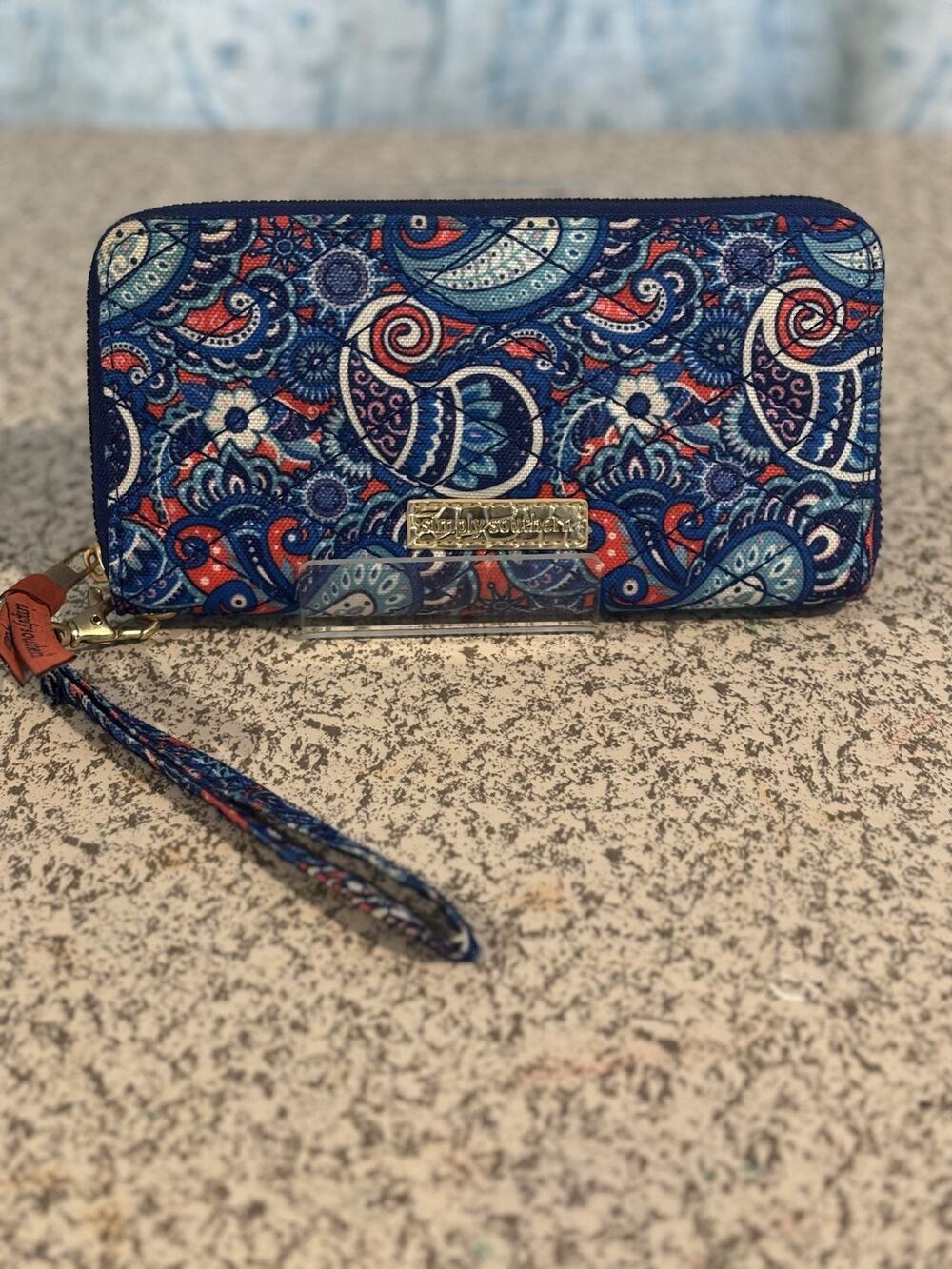 Colorful Dopamine Simply Southern Blue Red Aqua Paisley Fabric Wallet Wristlet